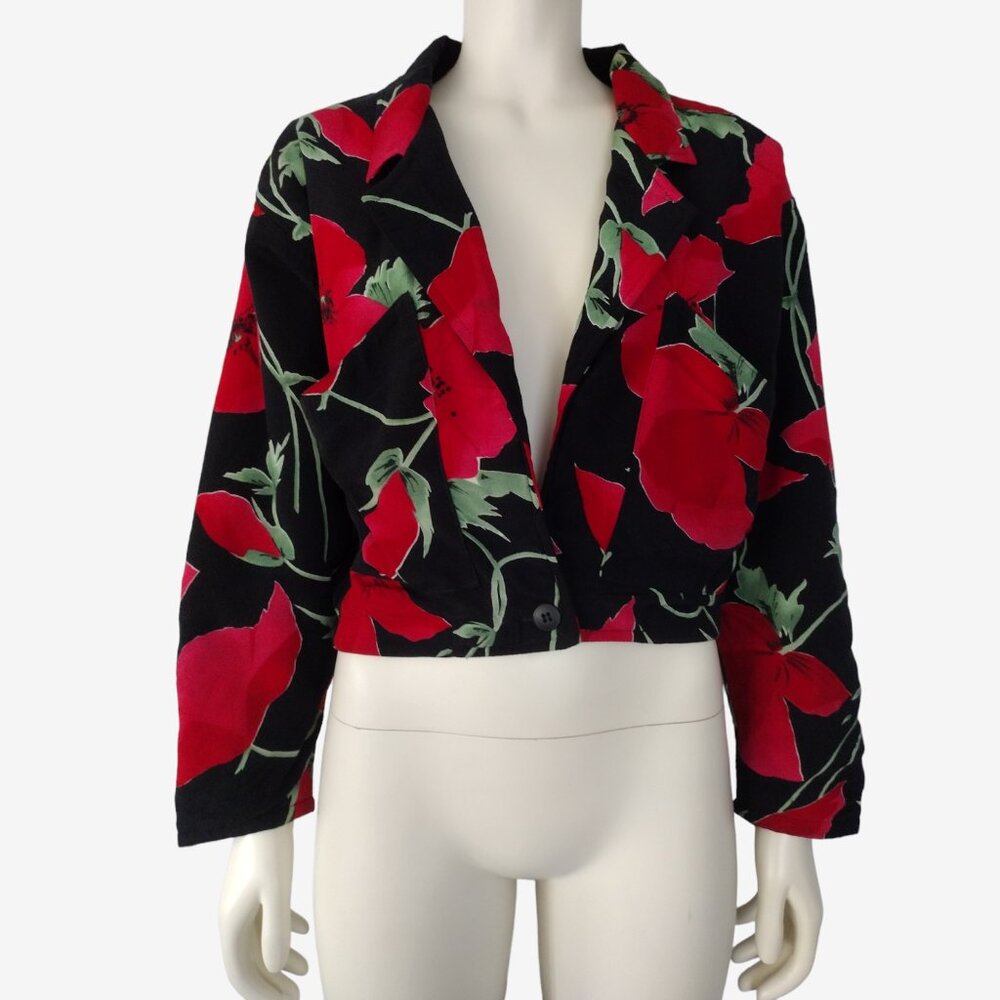 Vintage 1990s Black and Red Floral Bat Sleeved Cropped Oversized Jacket